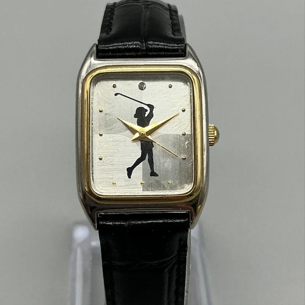 Golf Women Watch 21mm Silver Dial Black Leather Two Tone Rectangular New Battery